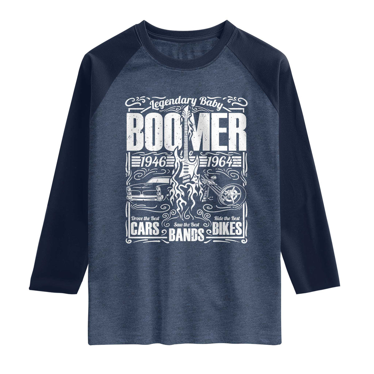 Legendary Baby Boomer Generation 1946 to 1964 Raglan Shirt Vintage Rocker Classic Cars And Bikes Graphic