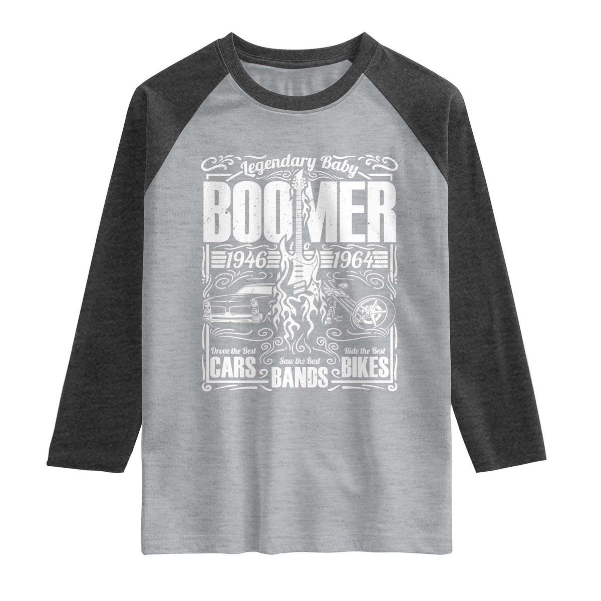 Legendary Baby Boomer Generation 1946 to 1964 Raglan Shirt Vintage Rocker Classic Cars And Bikes Graphic