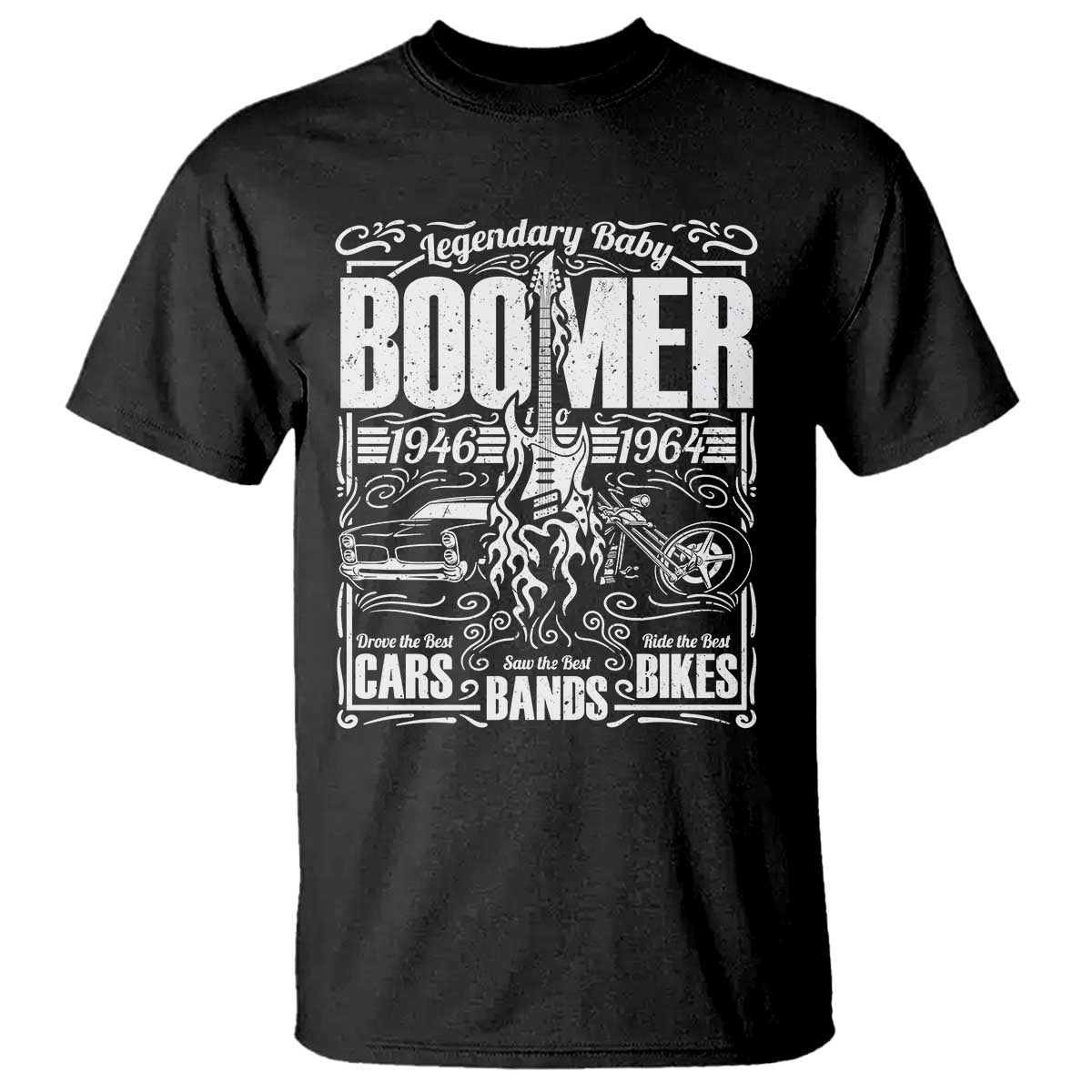 Legendary Baby Boomer Generation 1946 to 1964 T Shirt Vintage Rocker Classic Cars And Bikes Graphic TS02 Black Print Your Wear