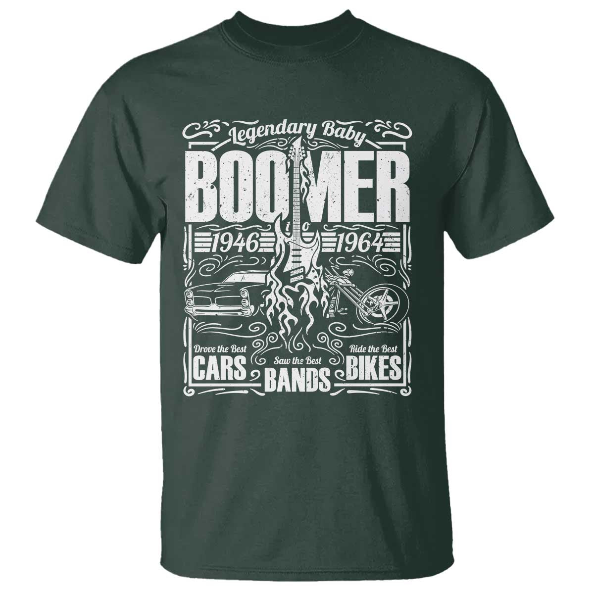 Legendary Baby Boomer Generation 1946 to 1964 T Shirt Vintage Rocker Classic Cars And Bikes Graphic
