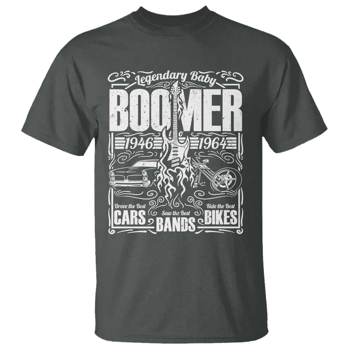 Legendary Baby Boomer Generation 1946 to 1964 T Shirt Vintage Rocker Classic Cars And Bikes Graphic
