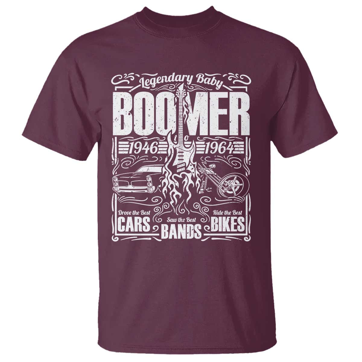 Legendary Baby Boomer Generation 1946 to 1964 T Shirt Vintage Rocker Classic Cars And Bikes Graphic