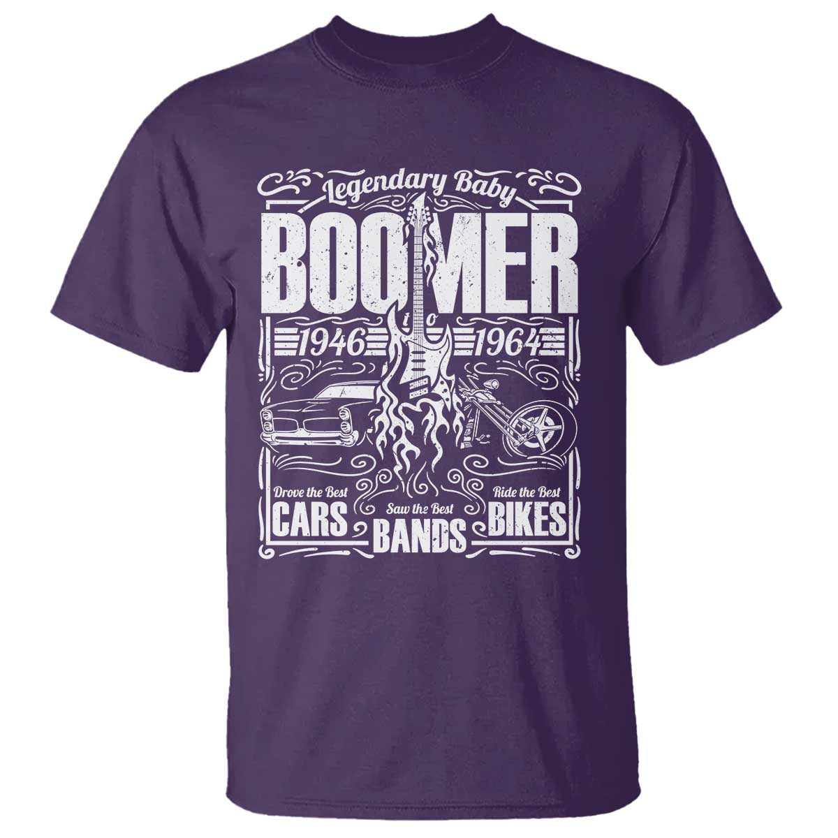 Legendary Baby Boomer Generation 1946 to 1964 T Shirt Vintage Rocker Classic Cars And Bikes Graphic