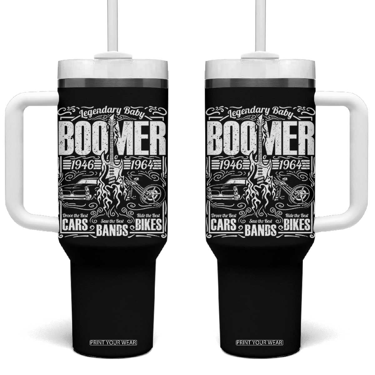 Legendary Baby Boomer Generation 1946 to 1964 Tumbler With Handle Vintage Rocker Classic Cars And Bikes Graphic
