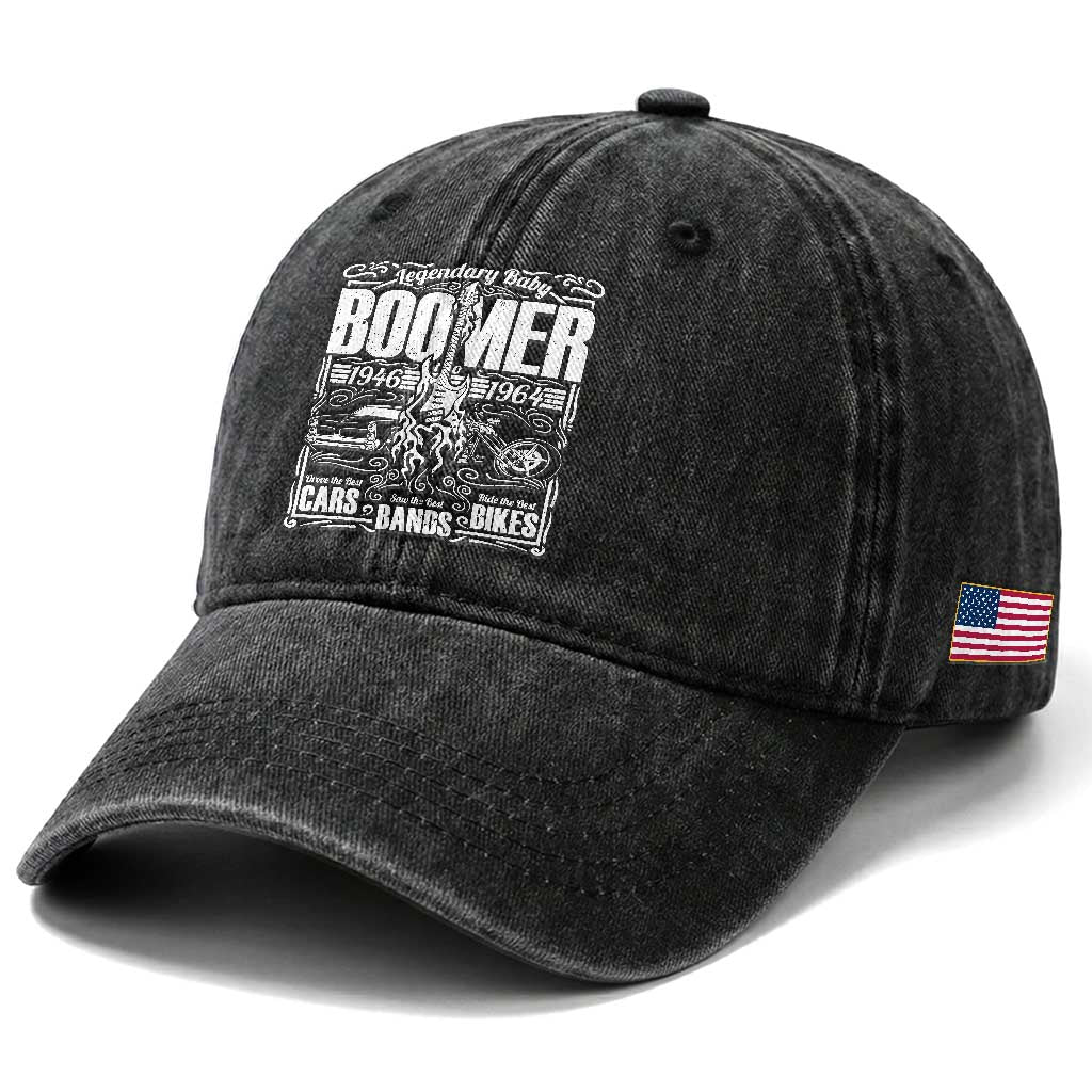 Legendary Baby Boomer Generation 1946 to 1964 Washed Cotton Baseball Cap Vintage Rocker Classic Cars And Bikes Graphic