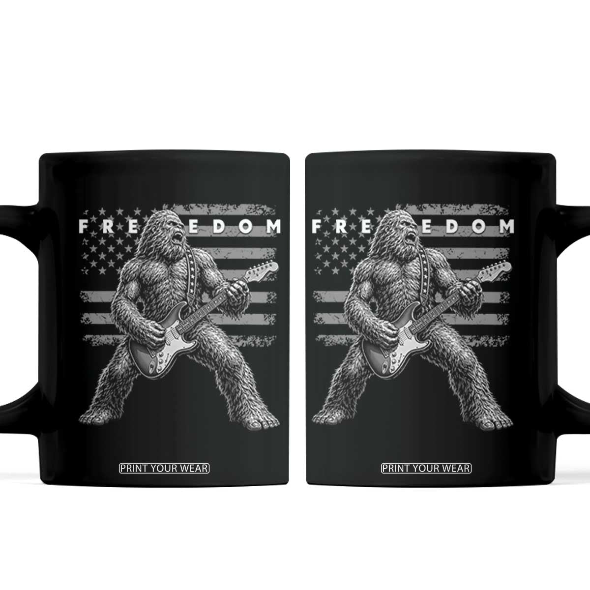 Freedom Bigfoot Playing Electric Guitar Coffee Mug Sasquatch Rock Star American Flag Patriotic Graphic TS02 Black Print Your Wear