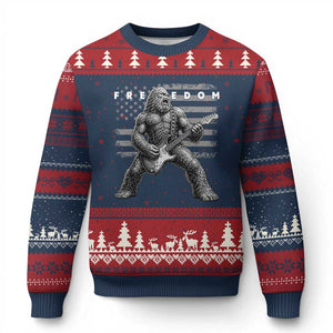 Freedom Bigfoot Playing Electric Guitar Ugly Christmas Sweater Sasquatch Rock Star American Flag Patriotic Graphic TS02 Navy Red Print Your Wear