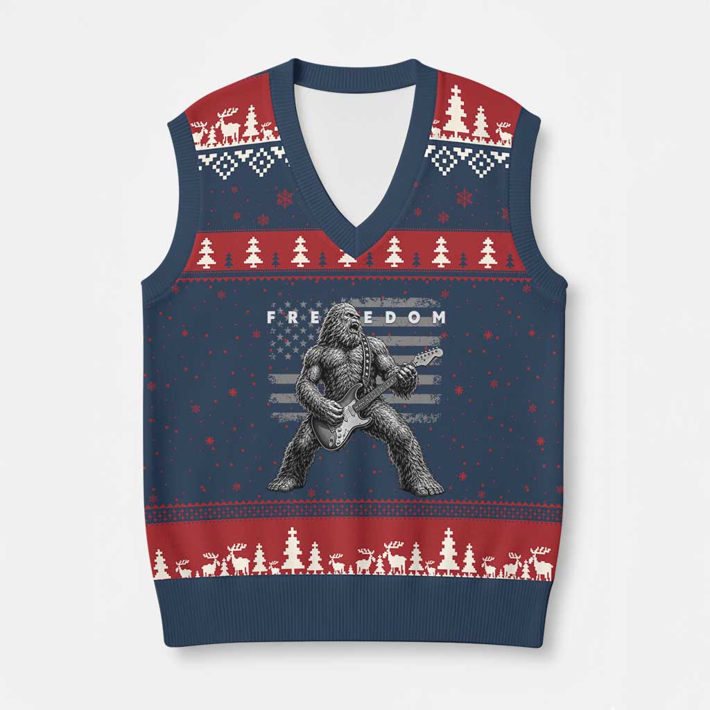 Freedom Bigfoot Playing Electric Guitar V-Neck Knit Sweater Vest Sasquatch Rock Star American Flag Patriotic Graphic TS02 Navy Red Print Your Wear