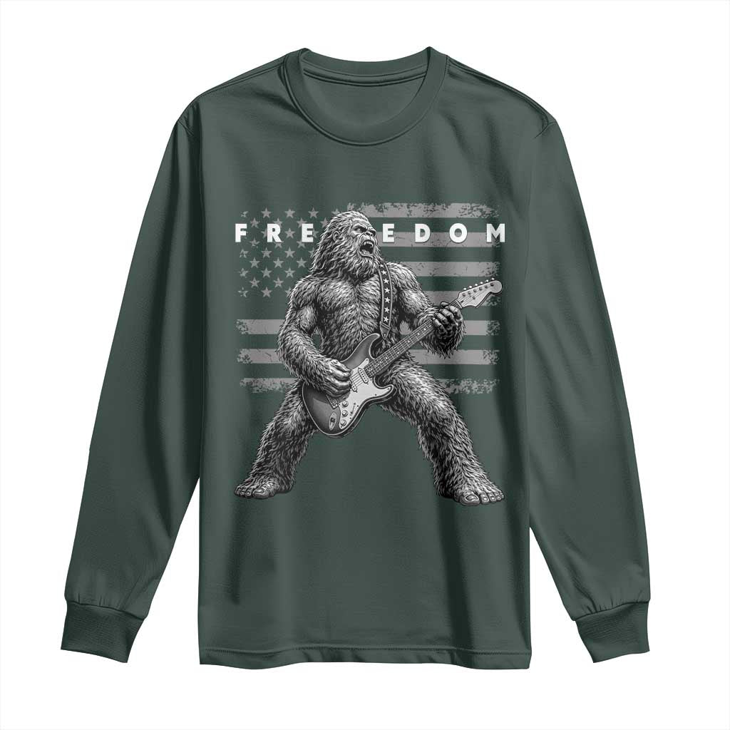 Freedom Bigfoot Playing Electric Guitar Long Sleeve Shirt Sasquatch Rock Star American Flag Patriotic Graphic TS02 Dark Forest Green Print Your Wear