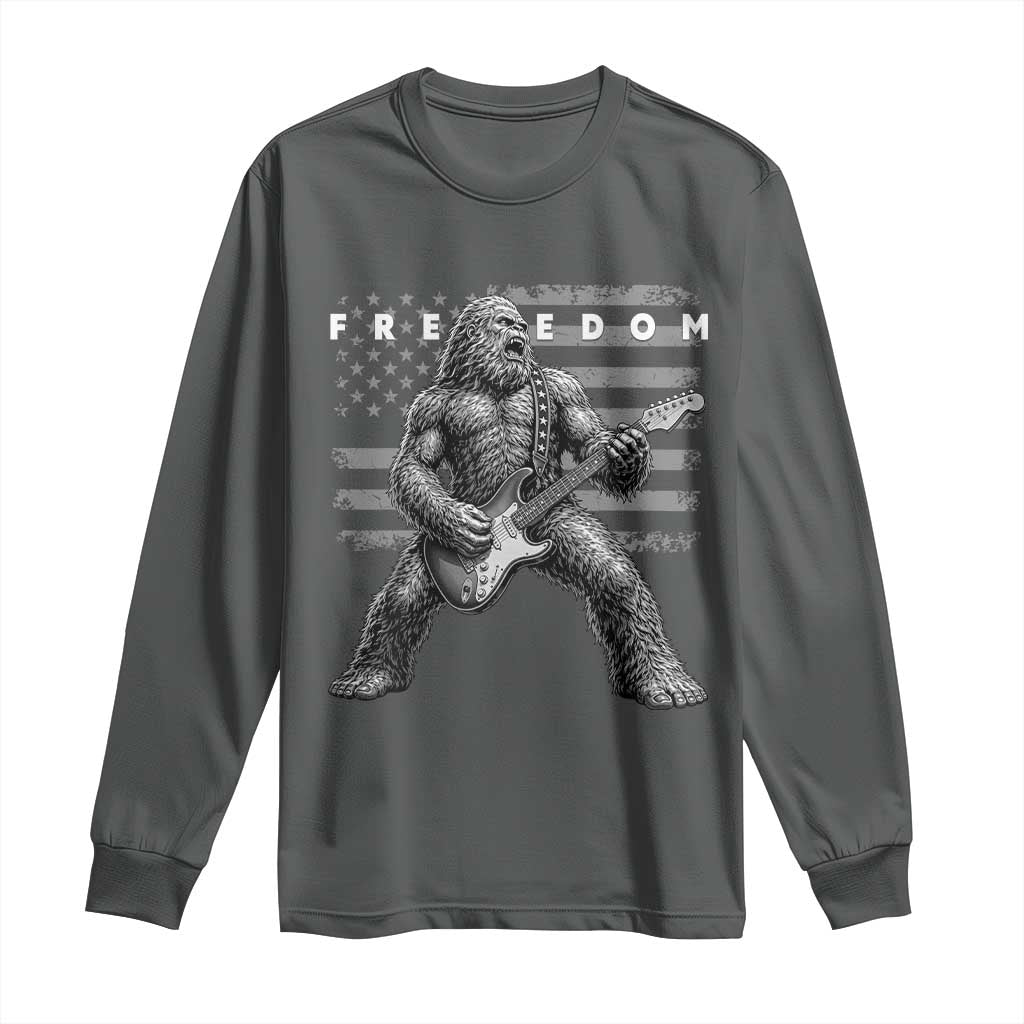 Freedom Bigfoot Playing Electric Guitar Long Sleeve Shirt Sasquatch Rock Star American Flag Patriotic Graphic TS02 Dark Heather Print Your Wear