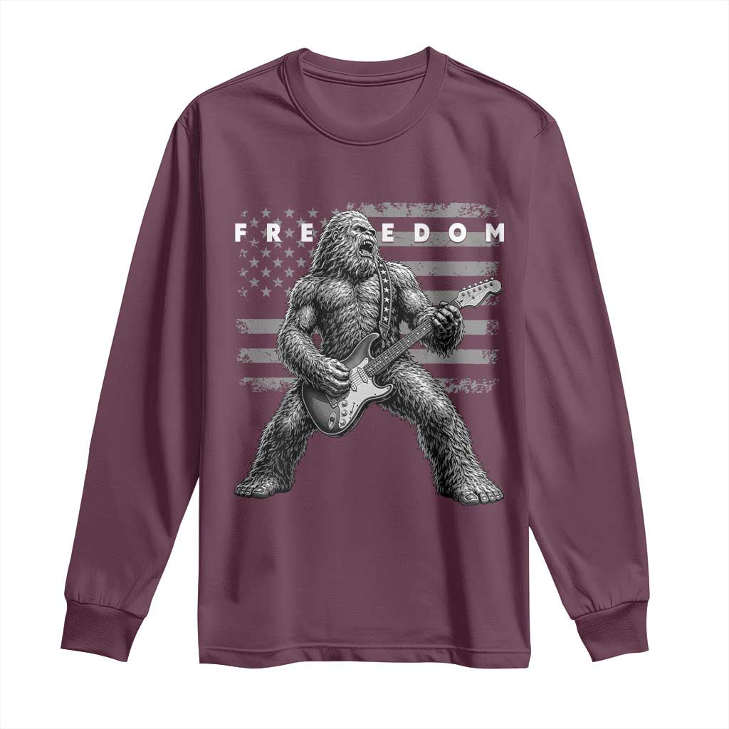 Freedom Bigfoot Playing Electric Guitar Long Sleeve Shirt Sasquatch Rock Star American Flag Patriotic Graphic TS02 Maroon Print Your Wear