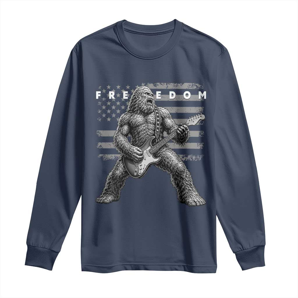 Freedom Bigfoot Playing Electric Guitar Long Sleeve Shirt Sasquatch Rock Star American Flag Patriotic Graphic TS02 Navy Print Your Wear