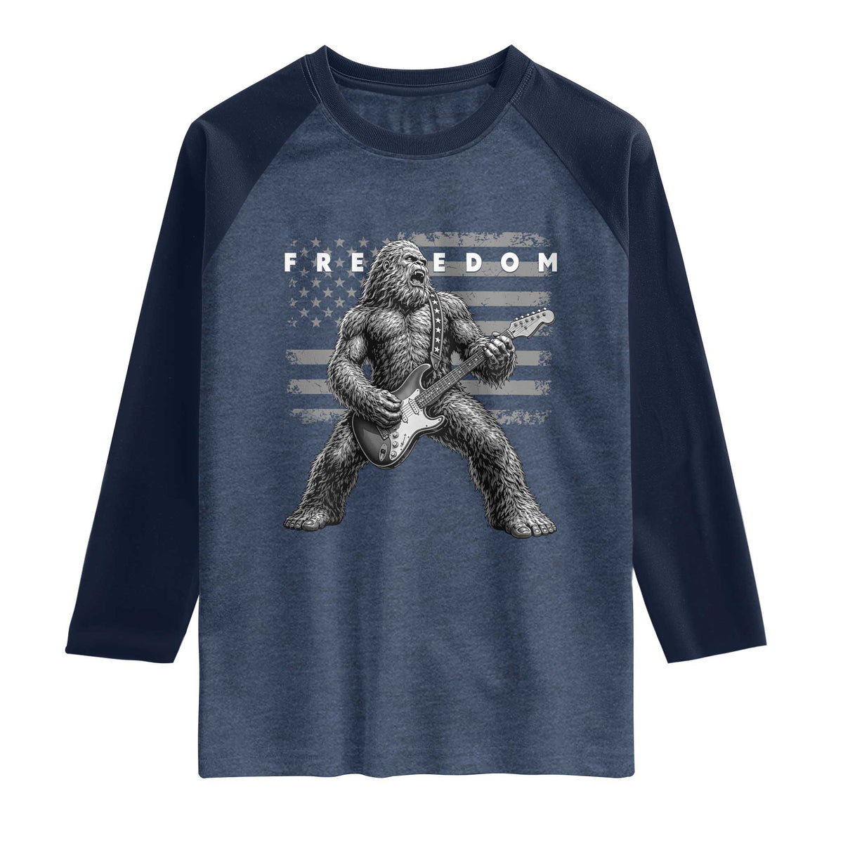 Freedom Bigfoot Playing Electric Guitar Raglan Shirt Sasquatch Rock Star American Flag Patriotic Graphic TS02 Heather Denim Navy Print Your Wear