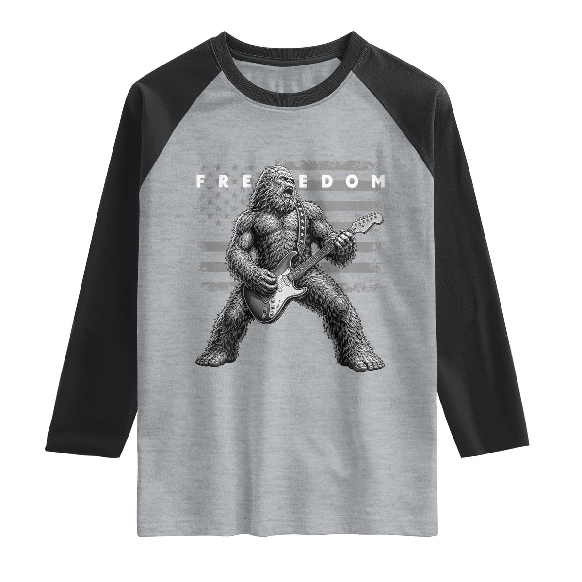 Freedom Bigfoot Playing Electric Guitar Raglan Shirt Sasquatch Rock Star American Flag Patriotic Graphic TS02 Heather Gray Black Print Your Wear