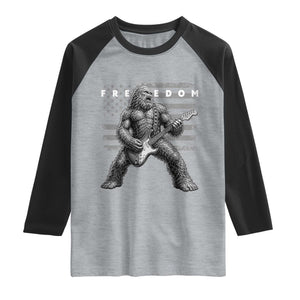 Freedom Bigfoot Playing Electric Guitar Raglan Shirt Sasquatch Rock Star American Flag Patriotic Graphic TS02 Heather Gray Black Print Your Wear