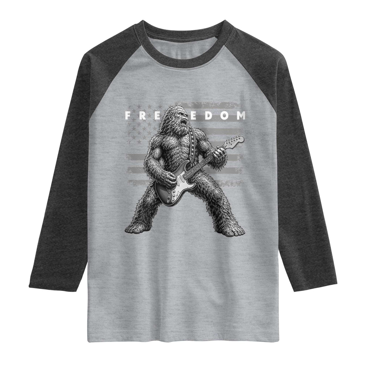 Freedom Bigfoot Playing Electric Guitar Raglan Shirt Sasquatch Rock Star American Flag Patriotic Graphic TS02 Heather Gray Heather Charcoal Print Your Wear