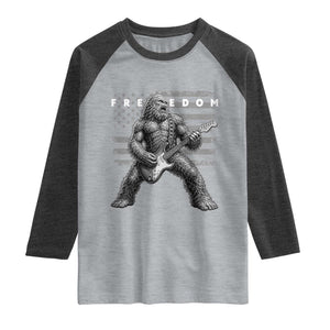 Freedom Bigfoot Playing Electric Guitar Raglan Shirt Sasquatch Rock Star American Flag Patriotic Graphic TS02 Heather Gray Heather Charcoal Print Your Wear