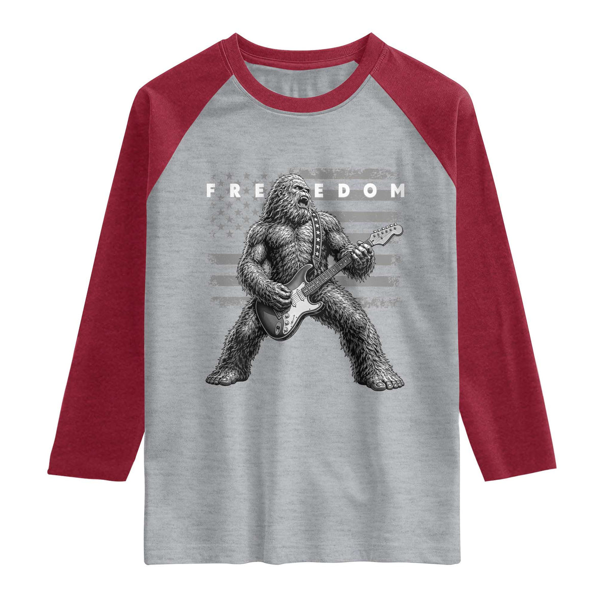 Freedom Bigfoot Playing Electric Guitar Raglan Shirt Sasquatch Rock Star American Flag Patriotic Graphic TS02 Heather Gray Heather Red Print Your Wear