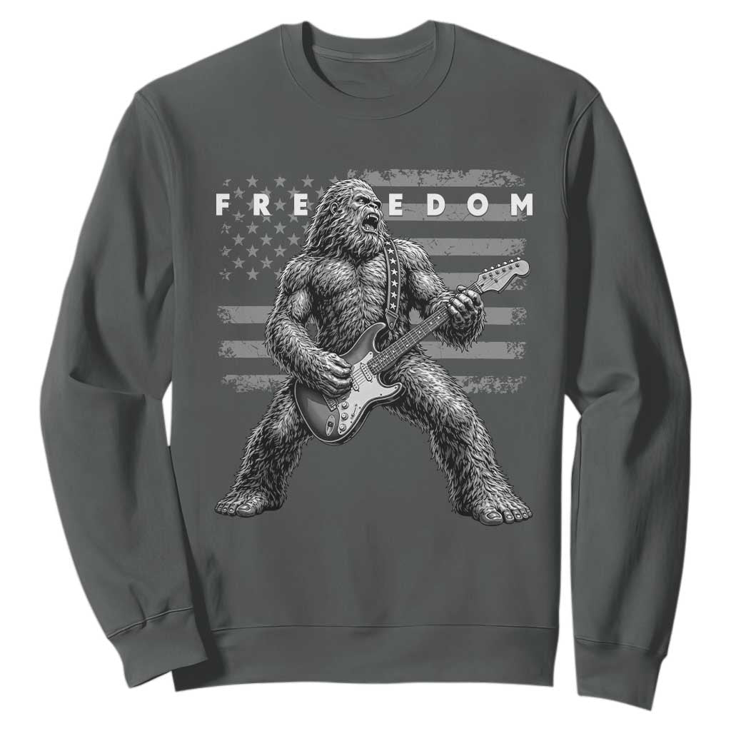 Freedom Bigfoot Playing Electric Guitar Sweatshirt Sasquatch Rock Star American Flag Patriotic Graphic TS02 Dark Heather Print Your Wear