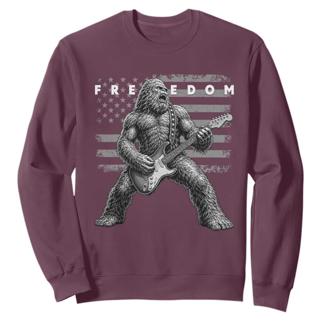 Freedom Bigfoot Playing Electric Guitar Sweatshirt Sasquatch Rock Star American Flag Patriotic Graphic TS02 Maroon Print Your Wear
