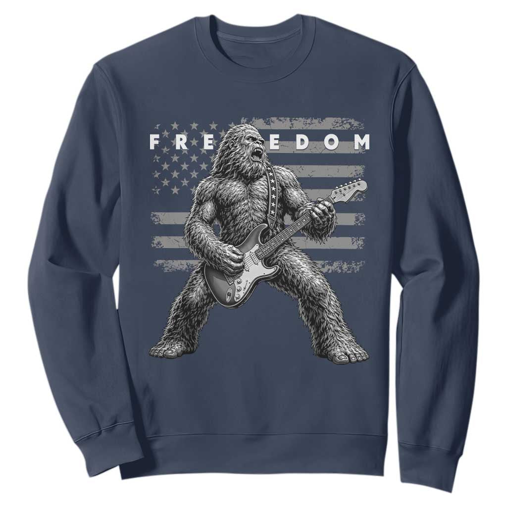 Freedom Bigfoot Playing Electric Guitar Sweatshirt Sasquatch Rock Star American Flag Patriotic Graphic TS02 Navy Print Your Wear