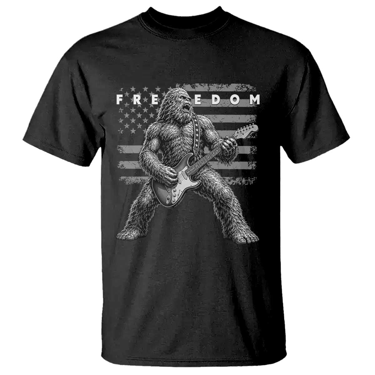 Freedom Bigfoot Playing Electric Guitar T Shirt Sasquatch Rock Star American Flag Patriotic Graphic TS02 Black Print Your Wear