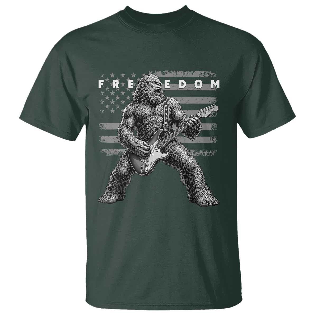 Freedom Bigfoot Playing Electric Guitar T Shirt Sasquatch Rock Star American Flag Patriotic Graphic TS02 Dark Forest Green Print Your Wear