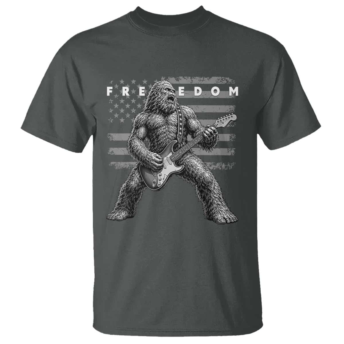 Freedom Bigfoot Playing Electric Guitar T Shirt Sasquatch Rock Star American Flag Patriotic Graphic TS02 Dark Heather Print Your Wear