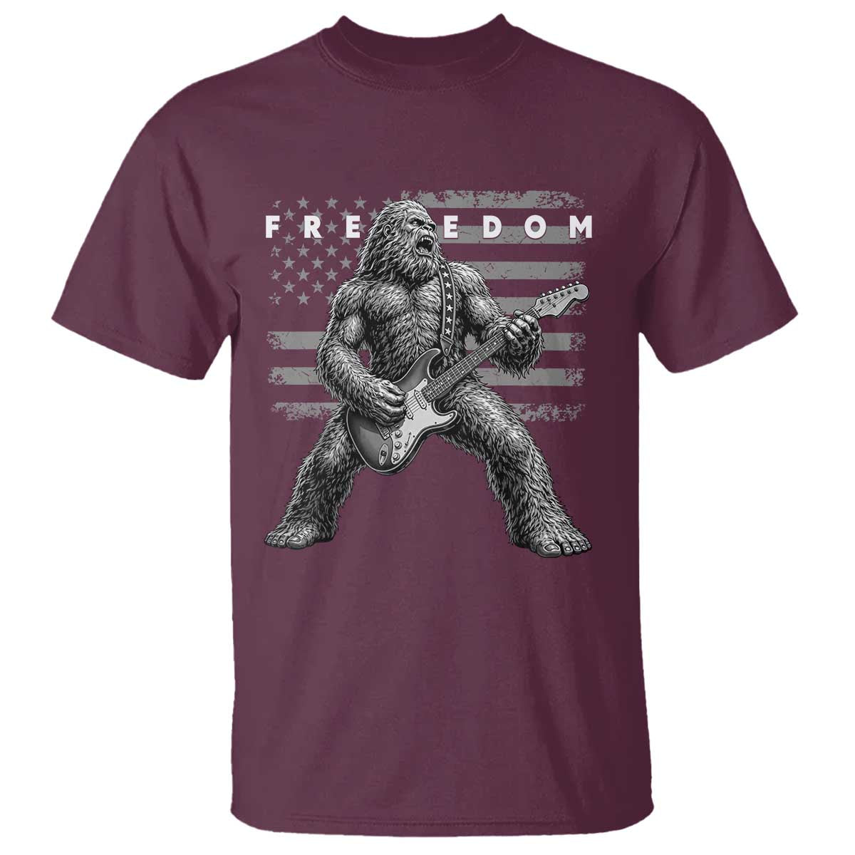 Freedom Bigfoot Playing Electric Guitar T Shirt Sasquatch Rock Star American Flag Patriotic Graphic TS02 Maroon Print Your Wear