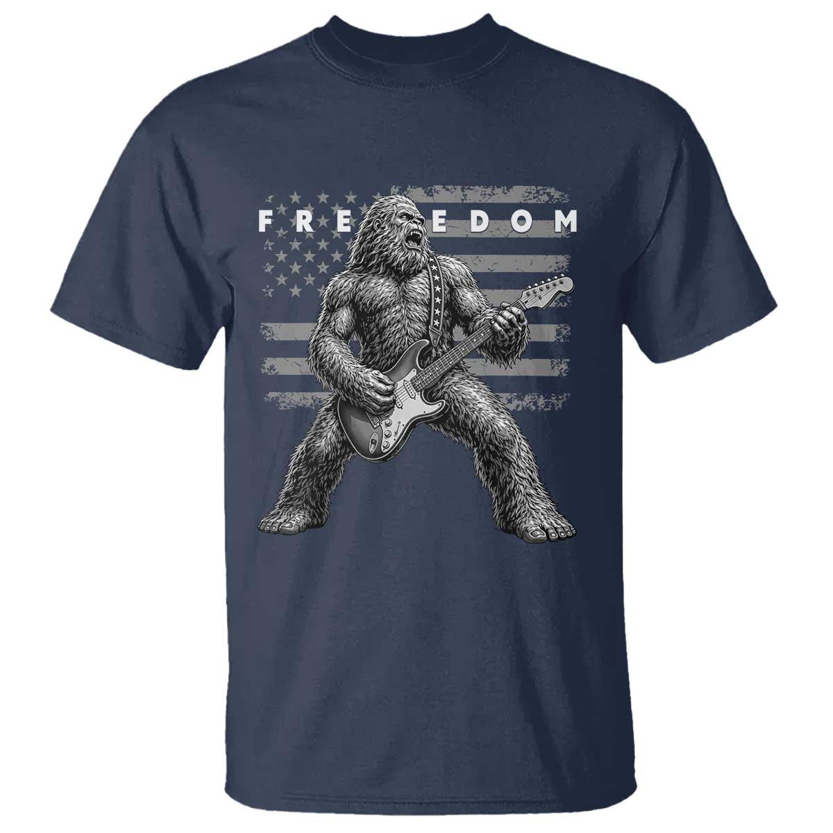 Freedom Bigfoot Playing Electric Guitar T Shirt Sasquatch Rock Star American Flag Patriotic Graphic TS02 Navy Print Your Wear