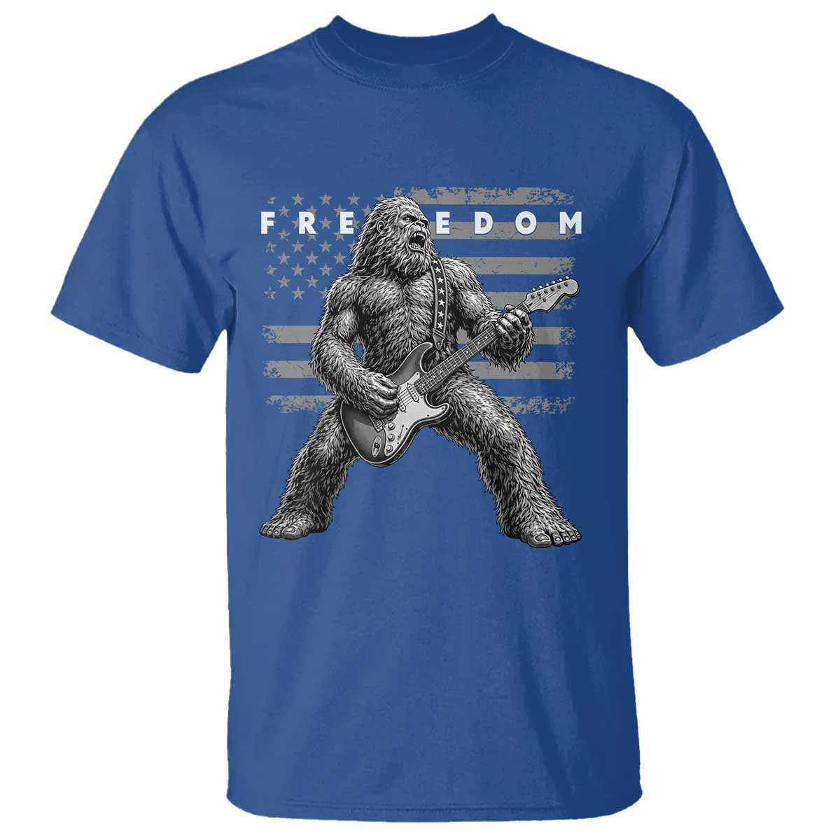 Freedom Bigfoot Playing Electric Guitar T Shirt Sasquatch Rock Star American Flag Patriotic Graphic TS02 Royal Blue Print Your Wear