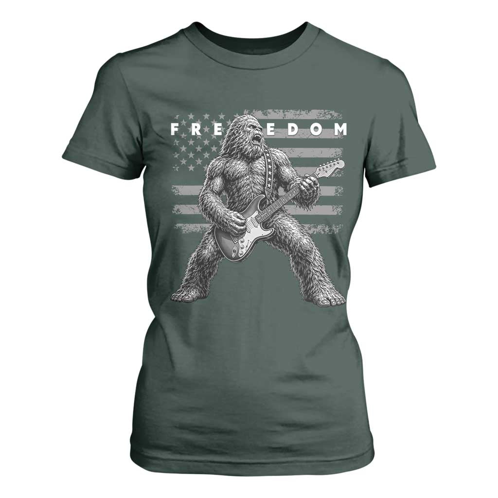 Freedom Bigfoot Playing Electric Guitar T Shirt For Women Sasquatch Rock Star American Flag Patriotic Graphic TS02 Dark Forest Green Print Your Wear