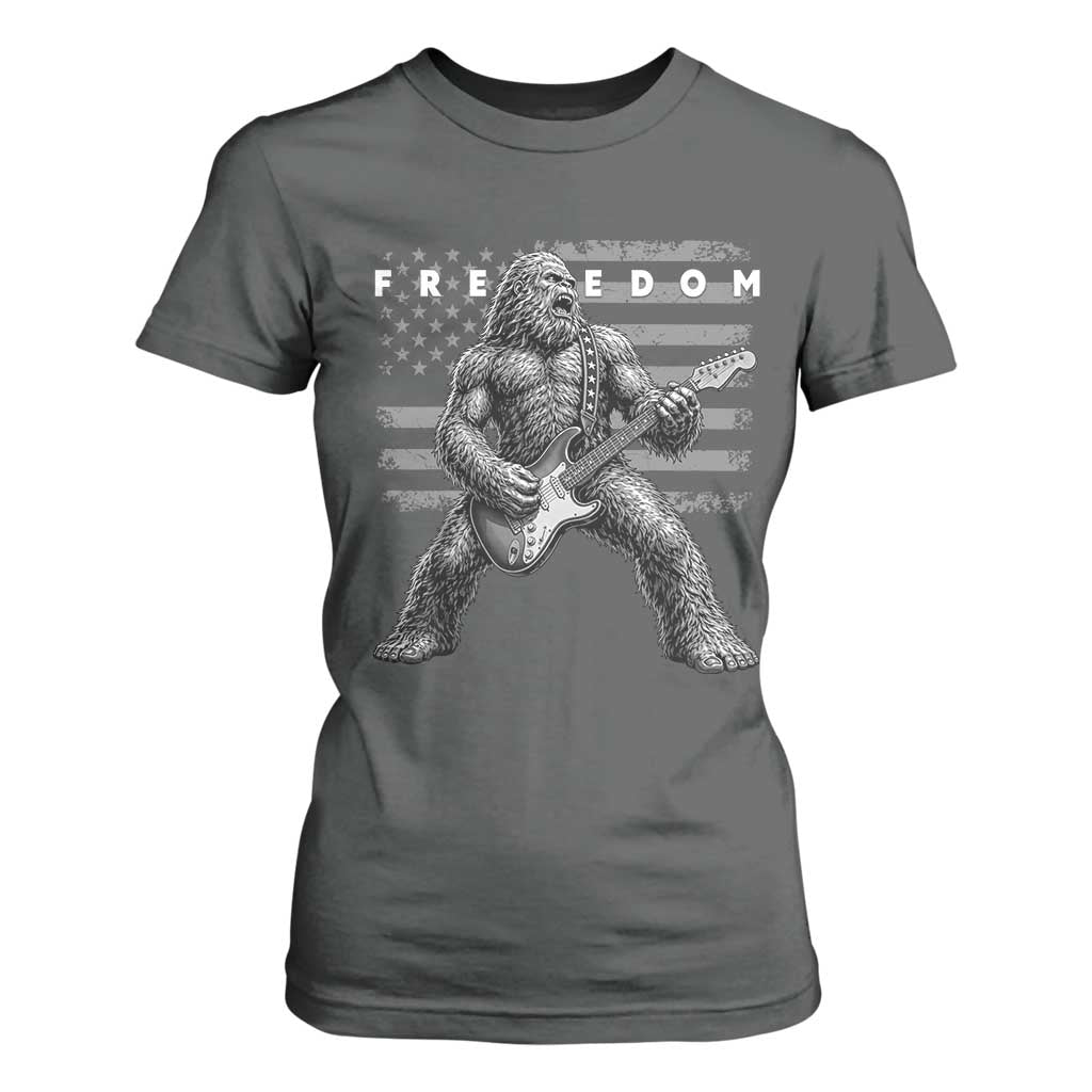 Freedom Bigfoot Playing Electric Guitar T Shirt For Women Sasquatch Rock Star American Flag Patriotic Graphic TS02 Dark Heather Print Your Wear