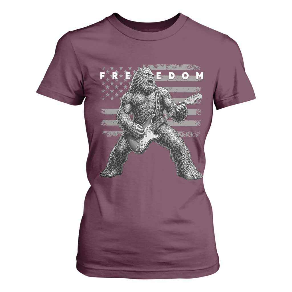 Freedom Bigfoot Playing Electric Guitar T Shirt For Women Sasquatch Rock Star American Flag Patriotic Graphic TS02 Maroon Print Your Wear