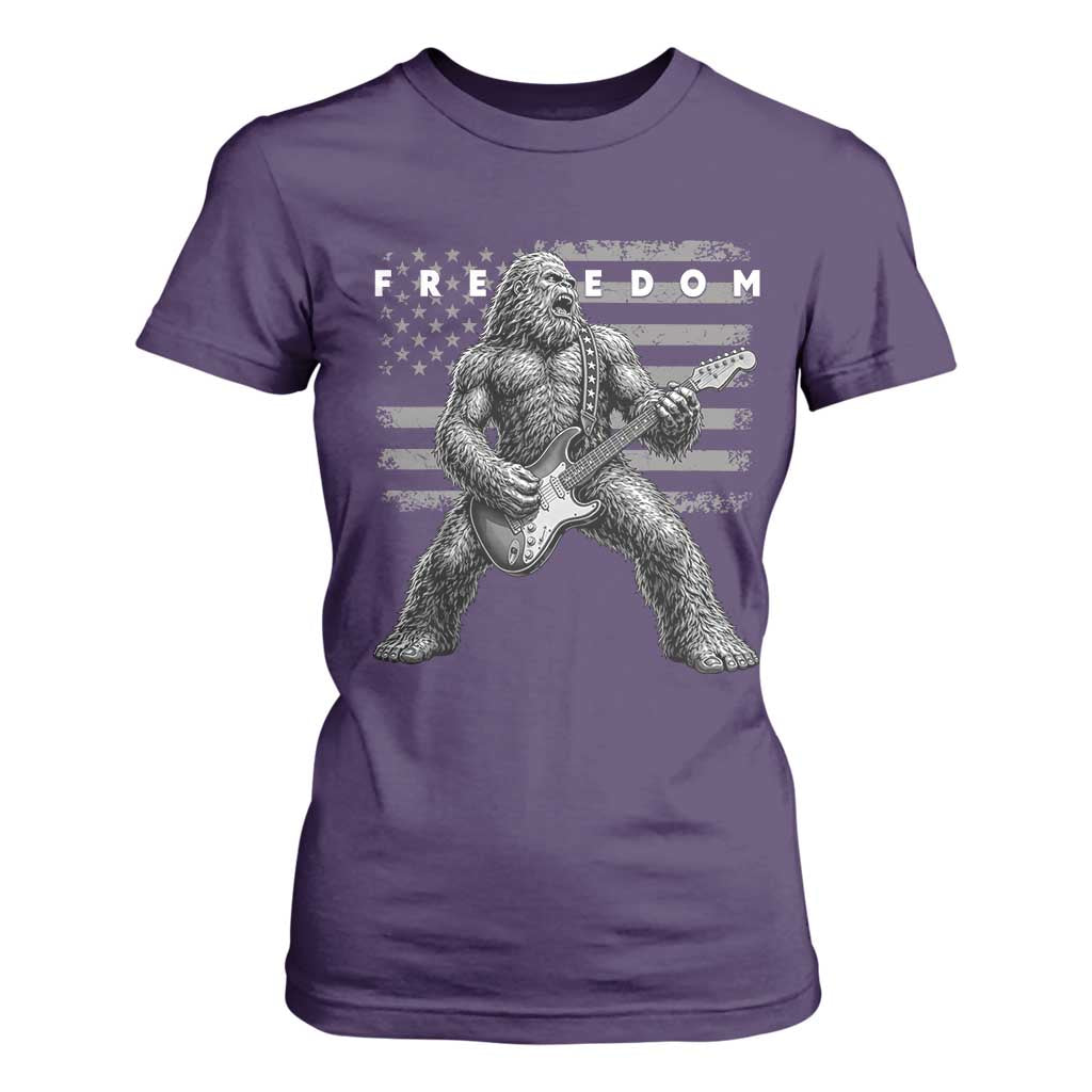 Freedom Bigfoot Playing Electric Guitar T Shirt For Women Sasquatch Rock Star American Flag Patriotic Graphic TS02 Purple Print Your Wear
