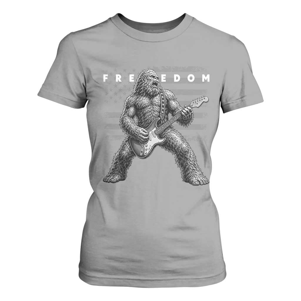 Freedom Bigfoot Playing Electric Guitar T Shirt For Women Sasquatch Rock Star American Flag Patriotic Graphic TS02 Sport Gray Print Your Wear