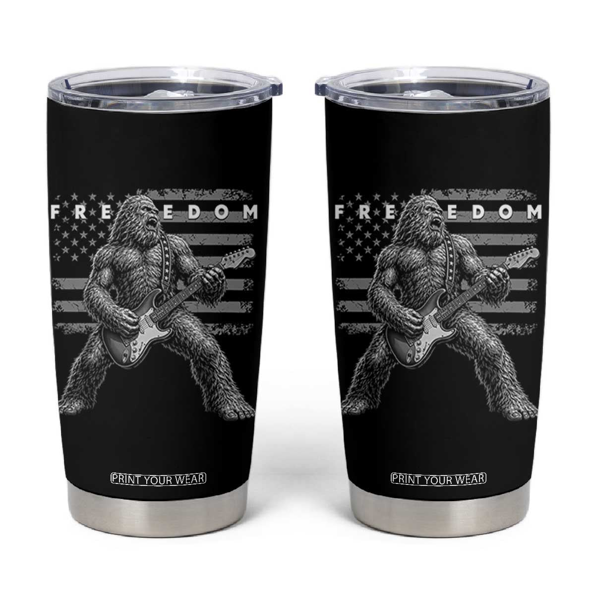 Freedom Bigfoot Playing Electric Guitar Tumbler Cup Sasquatch Rock Star American Flag Patriotic Graphic TS02 Black Print Your Wear