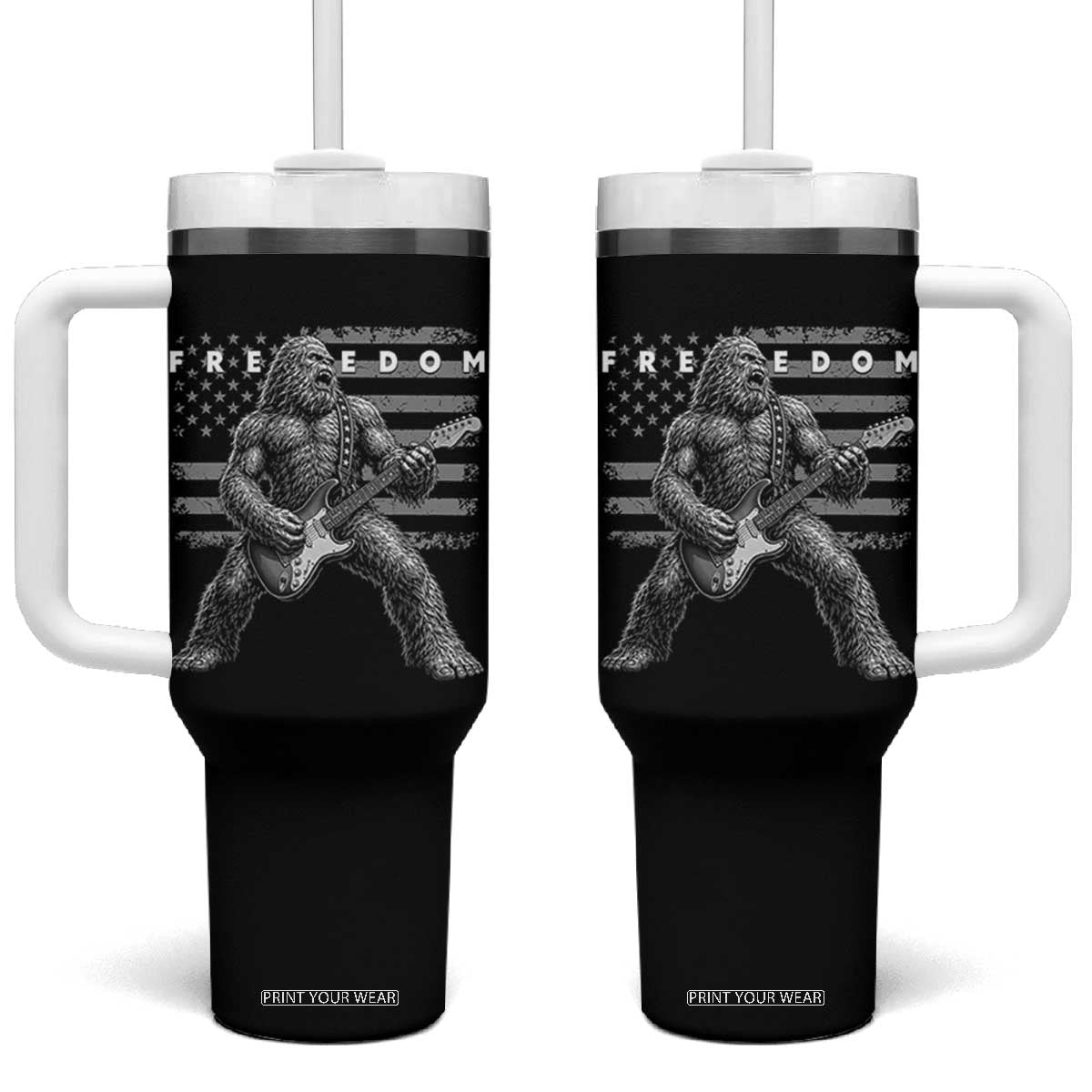 Freedom Bigfoot Playing Electric Guitar Tumbler With Handle Sasquatch Rock Star American Flag Patriotic Graphic TS02 One Size: 40 oz Black Print Your Wear