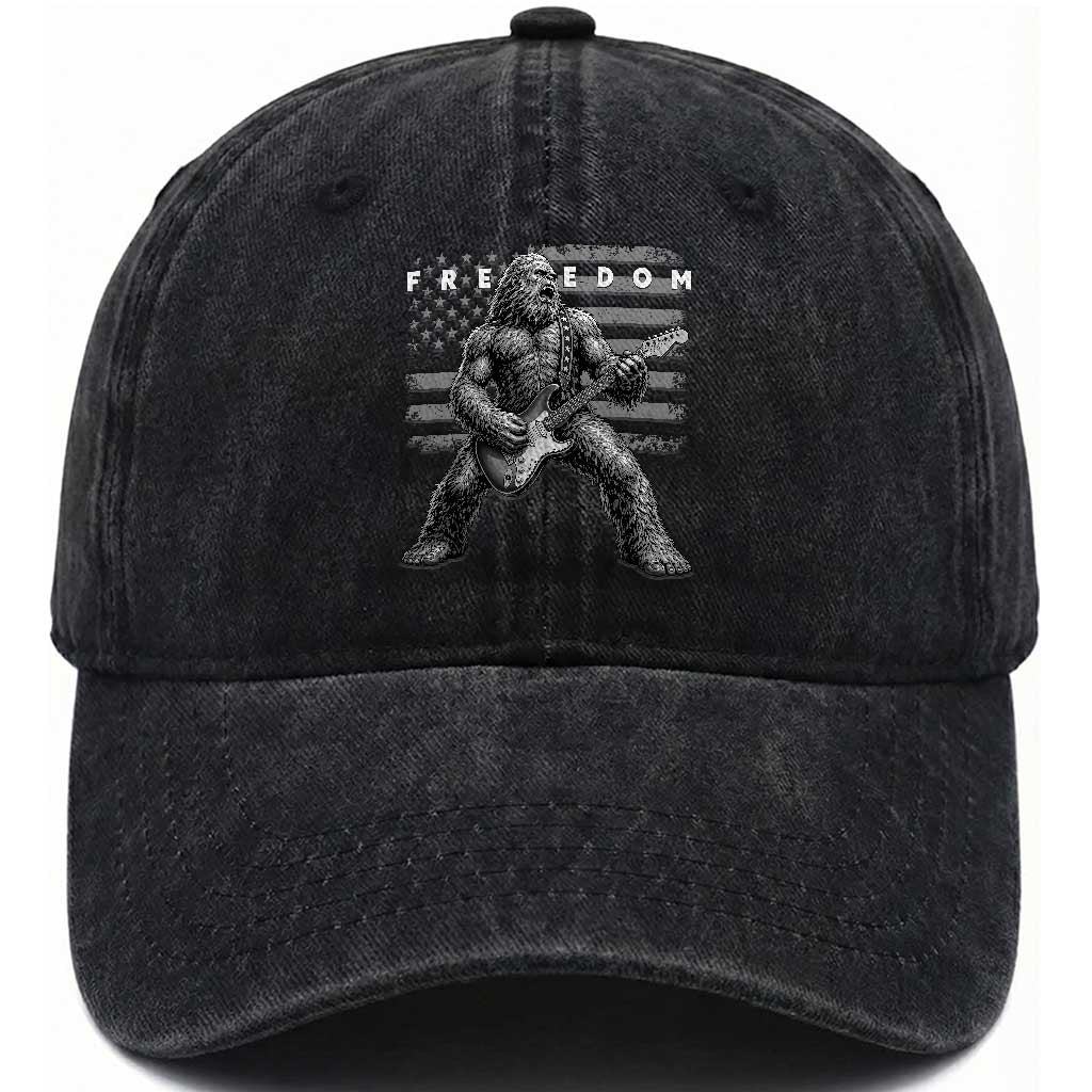 Freedom Bigfoot Playing Electric Guitar Washed Cotton Baseball Cap Sasquatch Rock Star American Flag Patriotic Graphic TS02 Print Your Wear