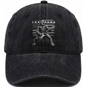 Freedom Bigfoot Playing Electric Guitar Washed Cotton Baseball Cap Sasquatch Rock Star American Flag Patriotic Graphic TS02 Print Your Wear