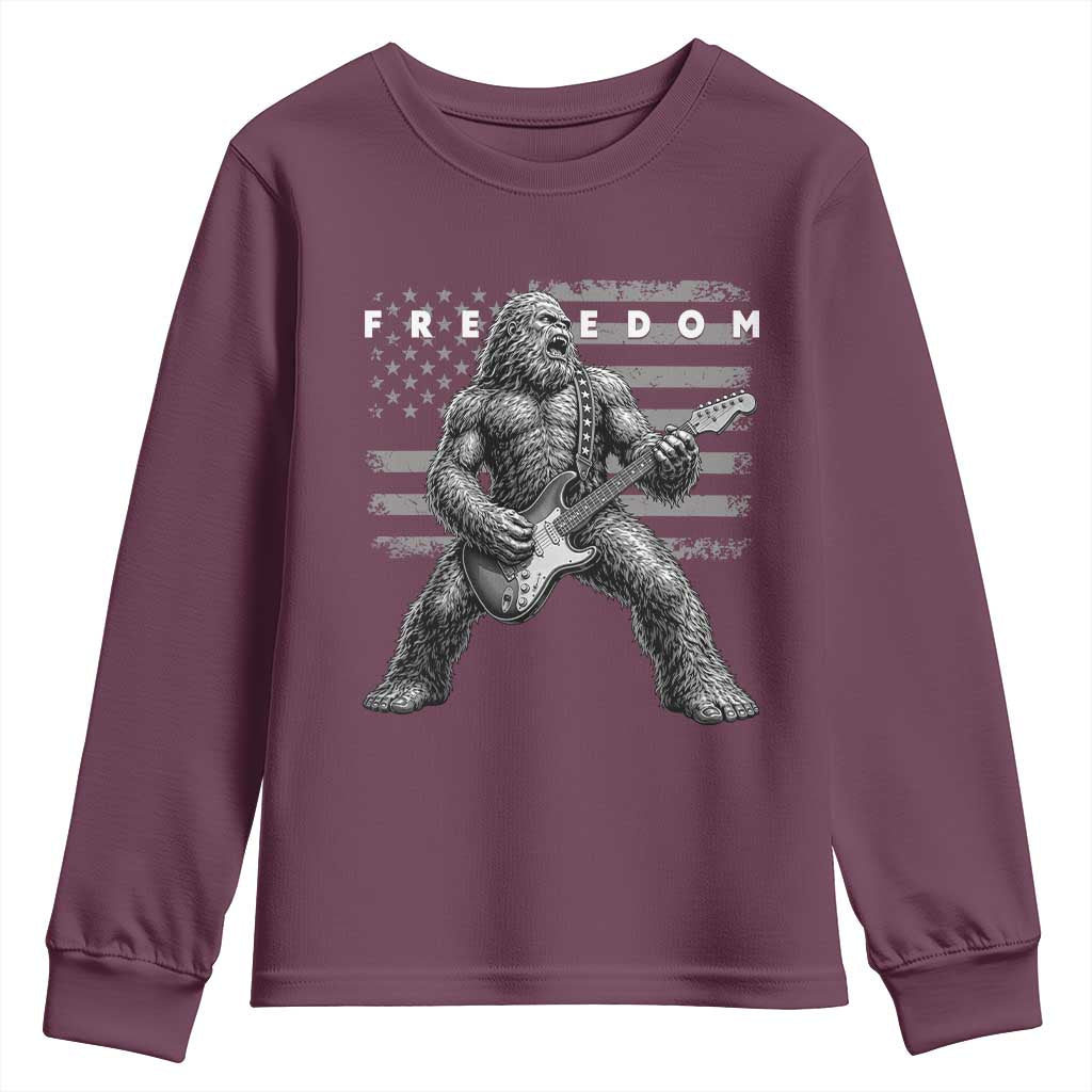 Freedom Bigfoot Playing Electric Guitar Youth Sweatshirt Sasquatch Rock Star American Flag Patriotic Graphic TS02 Maroon Print Your Wear