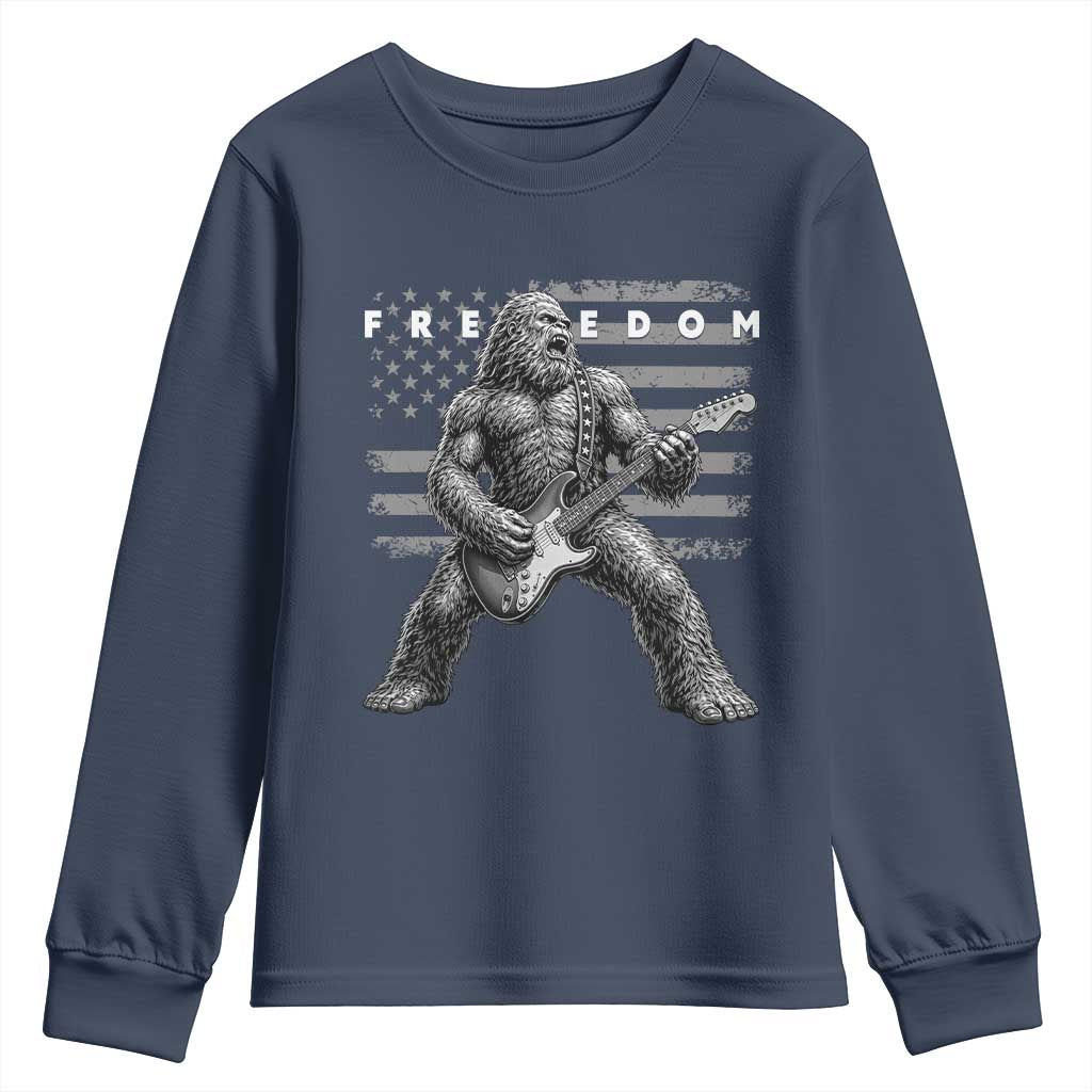 Freedom Bigfoot Playing Electric Guitar Youth Sweatshirt Sasquatch Rock Star American Flag Patriotic Graphic TS02 Navy Print Your Wear