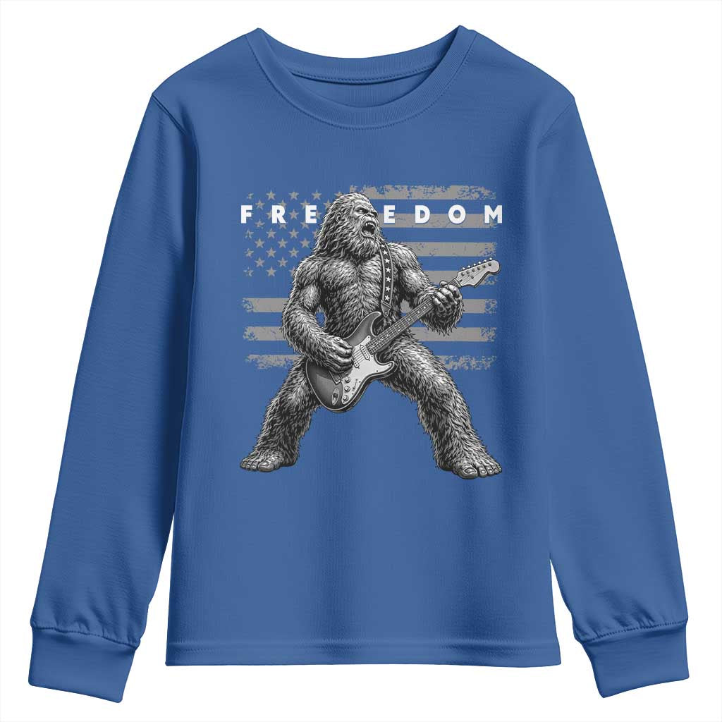 Freedom Bigfoot Playing Electric Guitar Youth Sweatshirt Sasquatch Rock Star American Flag Patriotic Graphic TS02 Royal Blue Print Your Wear