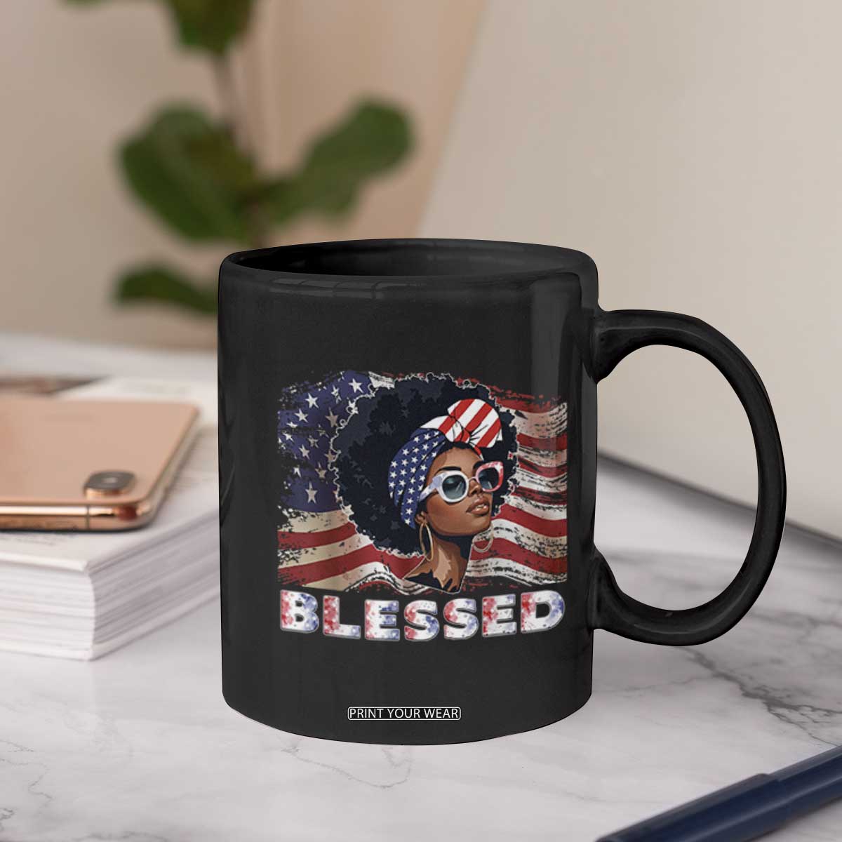 Blessed Black Queen Afro American Flag Coffee Mug Patriotic Juneteenth 4th of July