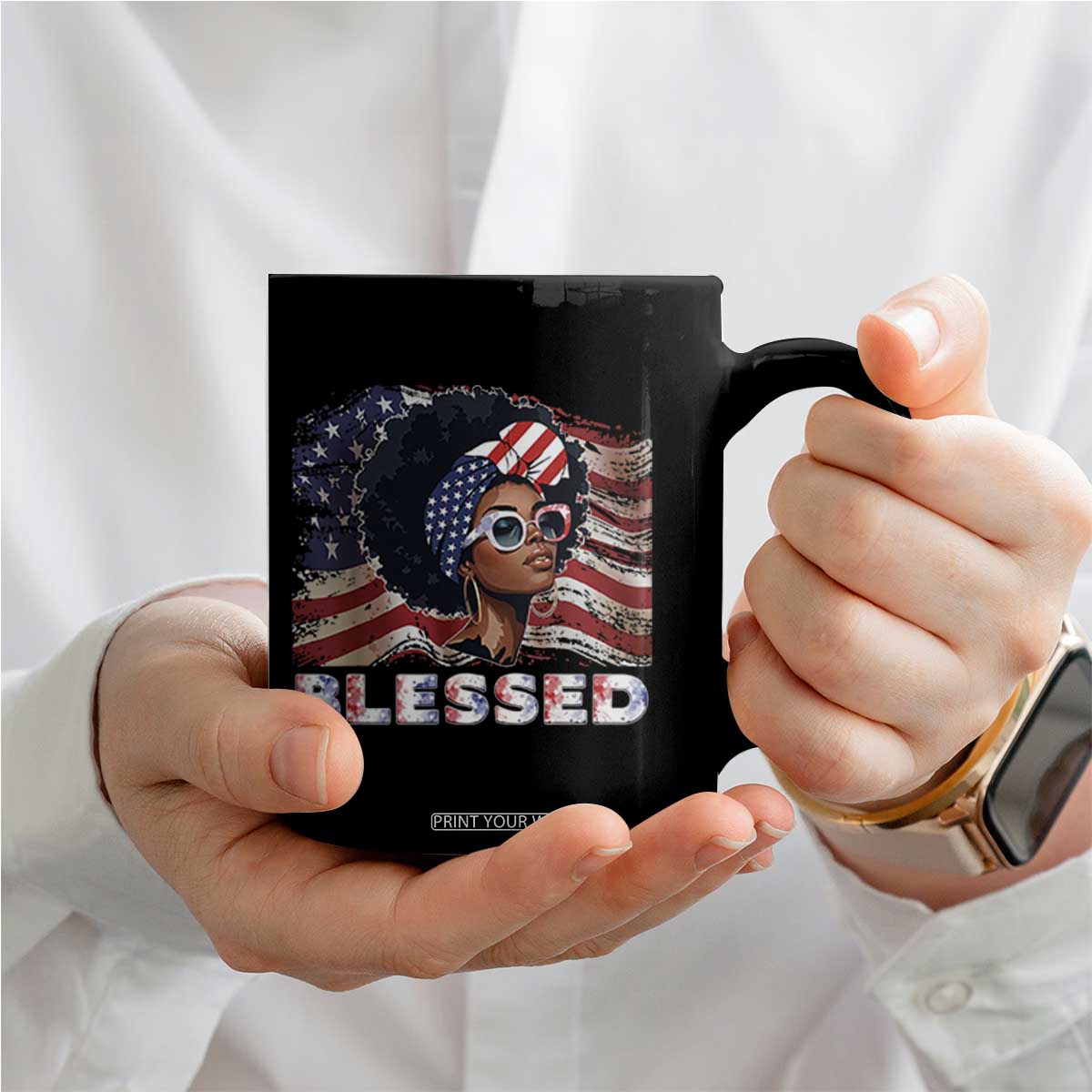 Blessed Black Queen Afro American Flag Coffee Mug Patriotic Juneteenth 4th of July