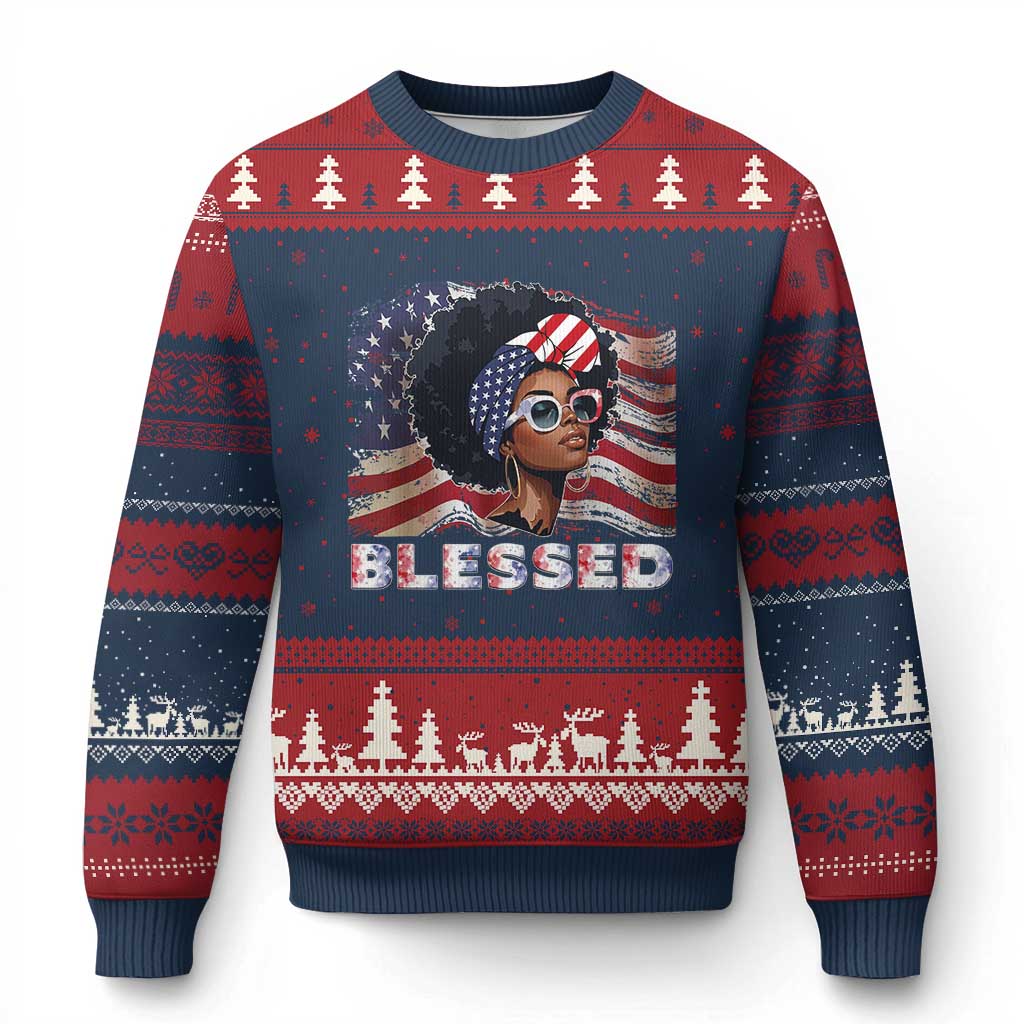 Blessed Black Queen Afro American Flag Ugly Christmas Sweater Patriotic Juneteenth 4th of July
