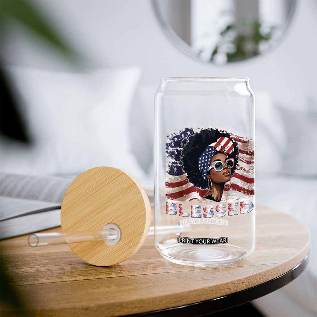 Blessed Black Queen Afro American Flag Glass Can Patriotic Juneteenth 4th of July