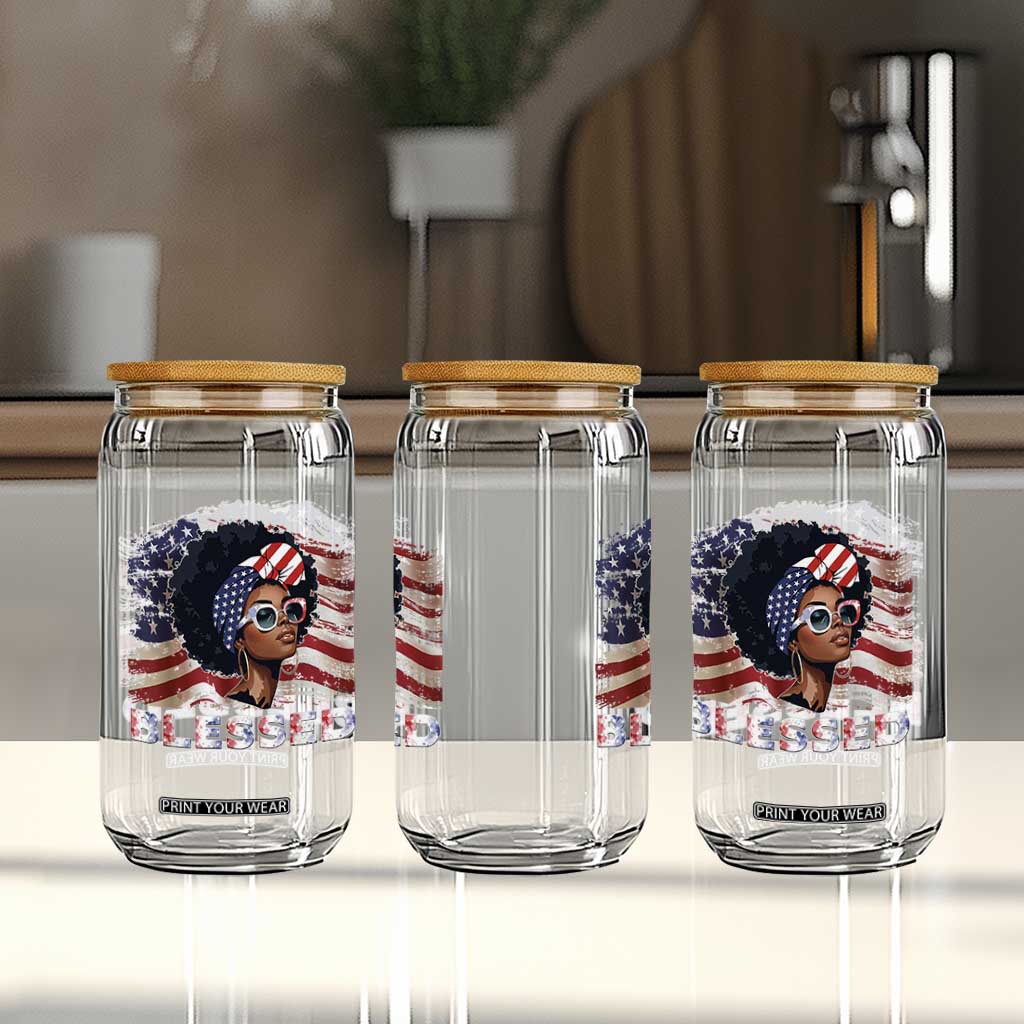 Blessed Black Queen Afro American Flag Glass Can Patriotic Juneteenth 4th of July