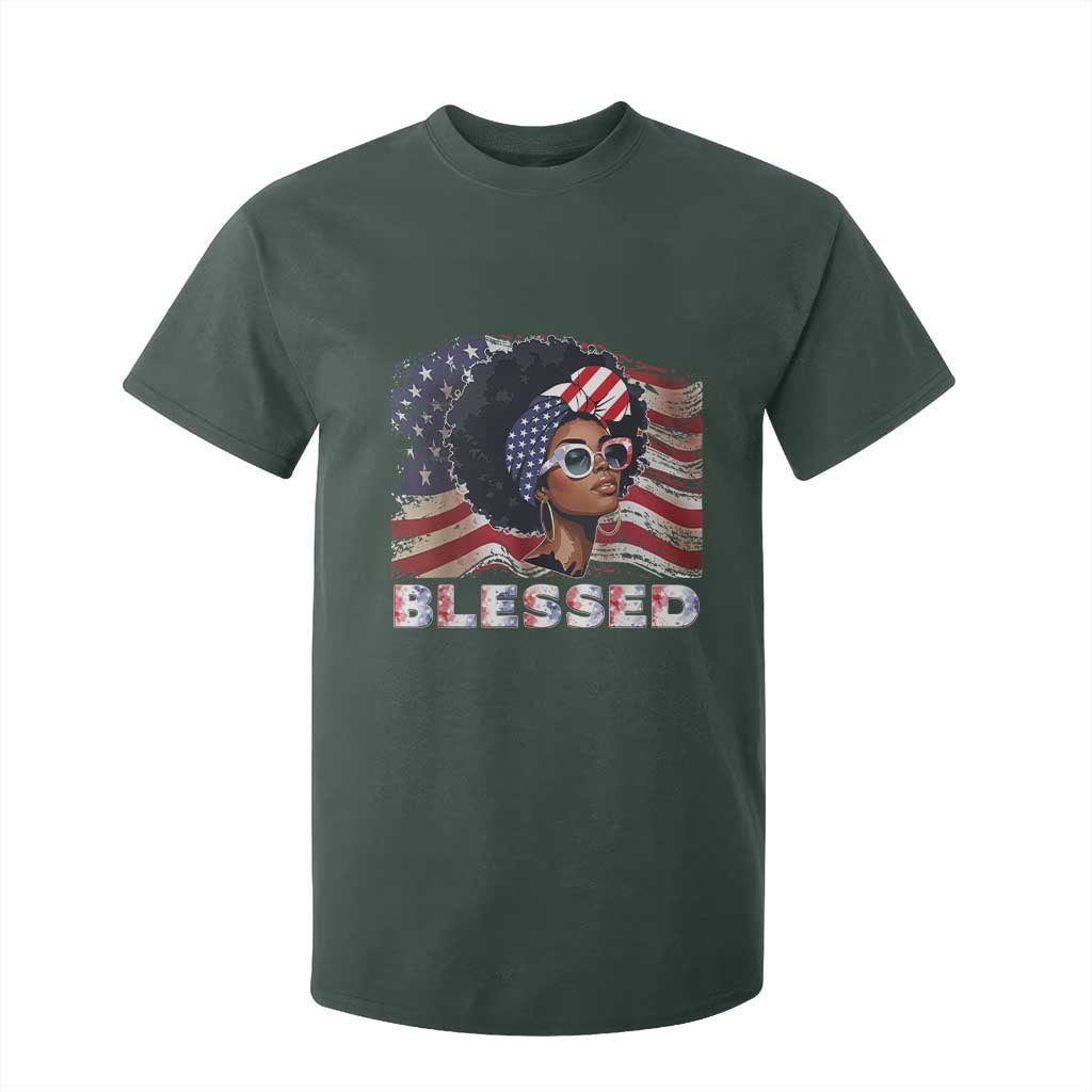 Blessed Black Queen Afro American Flag T Shirt For Kid Patriotic Juneteenth 4th of July
