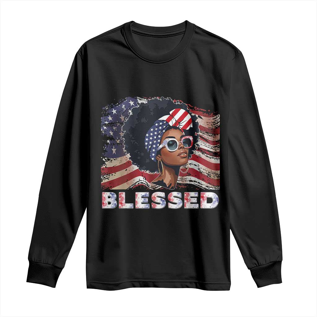 Blessed Black Queen Afro American Flag Long Sleeve Shirt Patriotic Juneteenth 4th of July